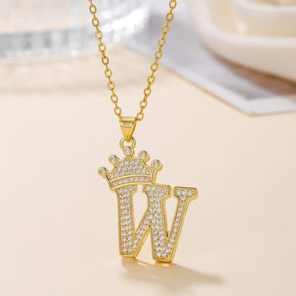 Gold Crown Letter Pendant Necklace – Elegant Diamond Initial Jewelry for Women, Gifts & Parties