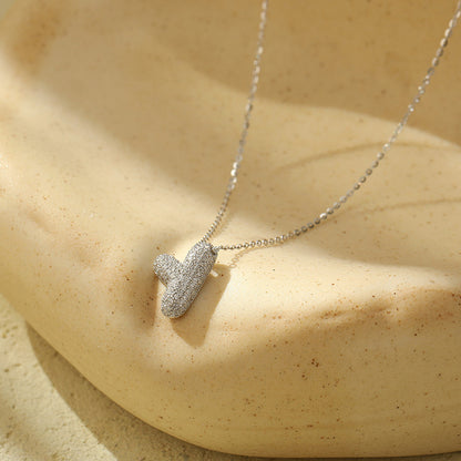 Bubble Letter Initial Pendant Necklace – Stainless Steel Zircon Jewelry for Women, 26 Letters Available