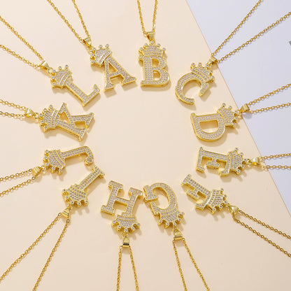 Gold Crown Letter Pendant Necklace – Elegant Diamond Initial Jewelry for Women, Gifts & Parties