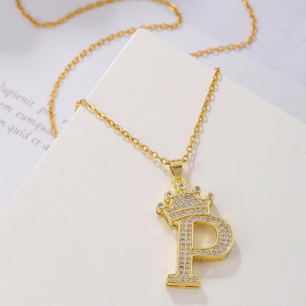 Gold Crown Letter Pendant Necklace – Elegant Diamond Initial Jewelry for Women, Gifts & Parties
