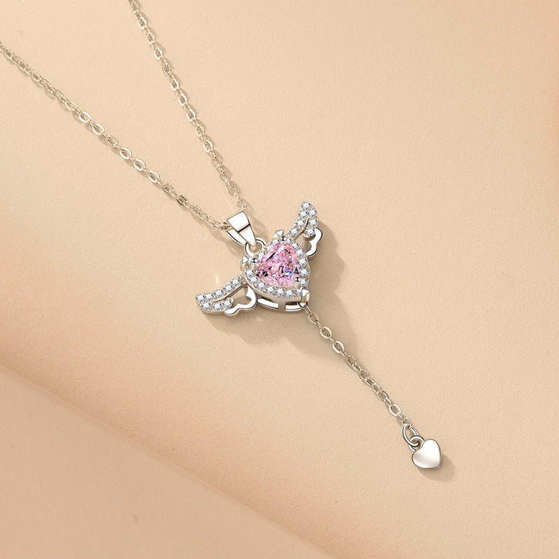 Cupid Heart Necklace – Crystal Angel Wings Tassel Pendant for Women, Valentine’s Day Gift Jewelry
