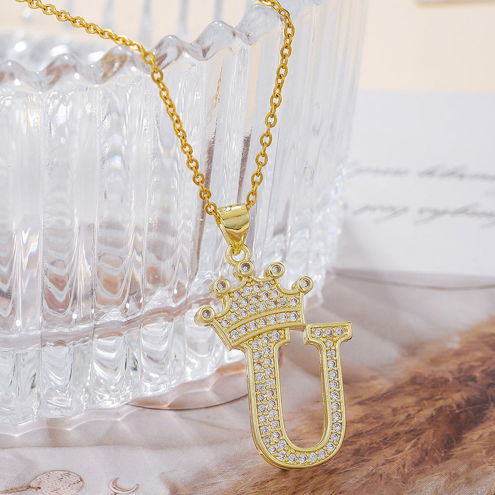 Gold Crown Letter Pendant Necklace – Elegant Diamond Initial Jewelry for Women, Gifts & Parties